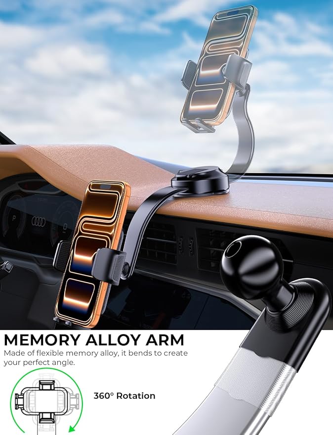 YYBS Car Dashboard Phone Holder for Windshield - Tesla Touch Screen Phone Mount with 360° Adjustable Aluminum Arm & Nano Adhesive Base for iPhone 17 Pro Max and All 4-7inch Smartphone (Black)