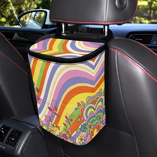 Colorful Hippie Butterfly Car Trash Can with Lid Hanging Trash Bag Leak-Proof Portable Garbage Bin Interior Car Organizer