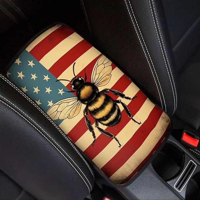 Car Center Console Pad, Universal Waterproof Car Armrest Seat Box Cover, Car Interior Accessories for Most Vehicle SUV Truck Vintage American Flag Bee Car Armrest Pad