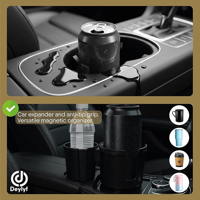 Car Cup Holder Expander - 2 in 1 Adjustable Cup Holder Adapter Set with Magnetic Bottle Mount Accessory - Fits Big Cups and Large Water Bottles - Drink Caddy