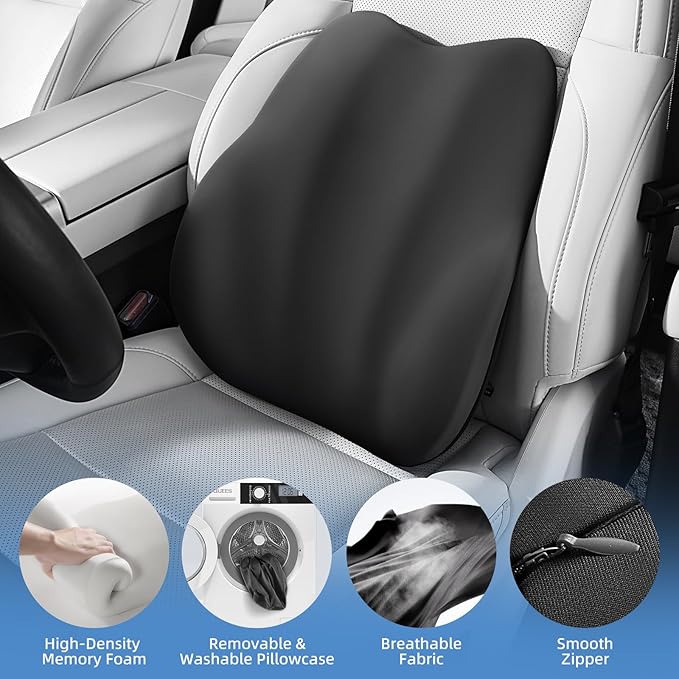 BEBAS Lumbar Support Pillow for Car, Memory Foam Back Cushion for Driving, Ergonomic Lumbar Pillow for Pain Relief, Comfort Lower Back Support for Office Chairs, Car Seat, Wheelchair -Black