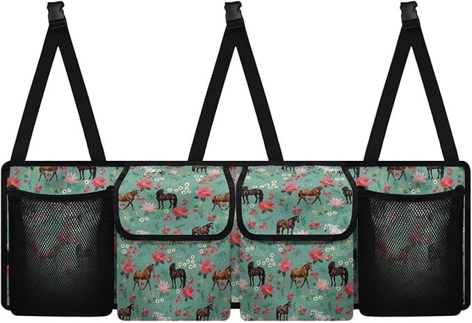 Horses Car Trunk Organizer with 4 Storage Bags Pink Floral Flowers Car Storage Organizer Waterproof,Easy to Install