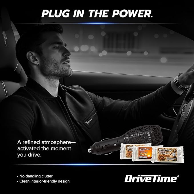 Drive Time Power Fresh 12V Car Air Freshener Bundle – Matte Black Plug-In Diffuser + 6 Long-Lasting Scent Bars (Up to 30 Days Each) – Refillable Automotive Freshener for Clean, Fresh Car Interior