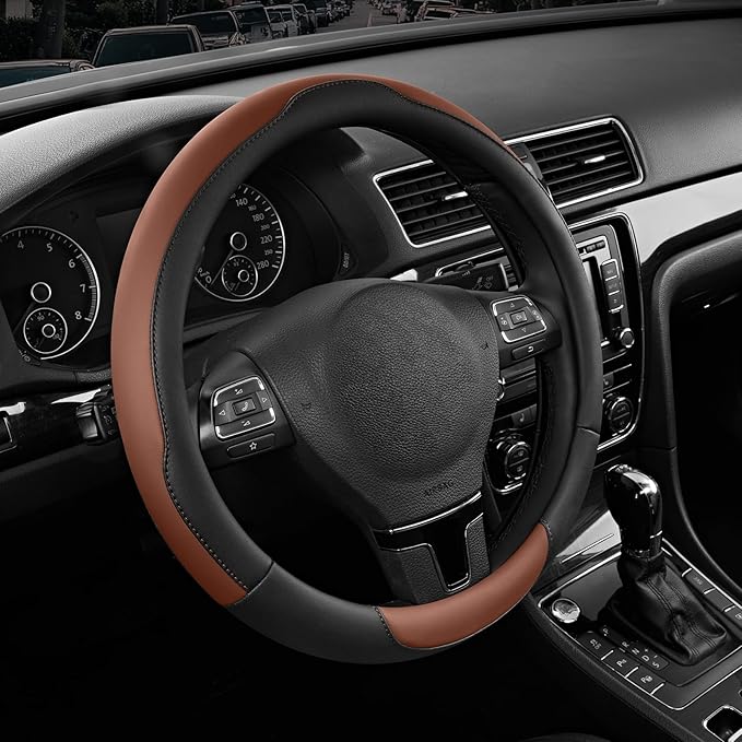 Road Comforts Steering Wheel Cover, Breathable Anti-Slip Leather Steering Wheel Cover, Universal Fit 14.5–15 Inch, Comfortable Grip - Brown Color