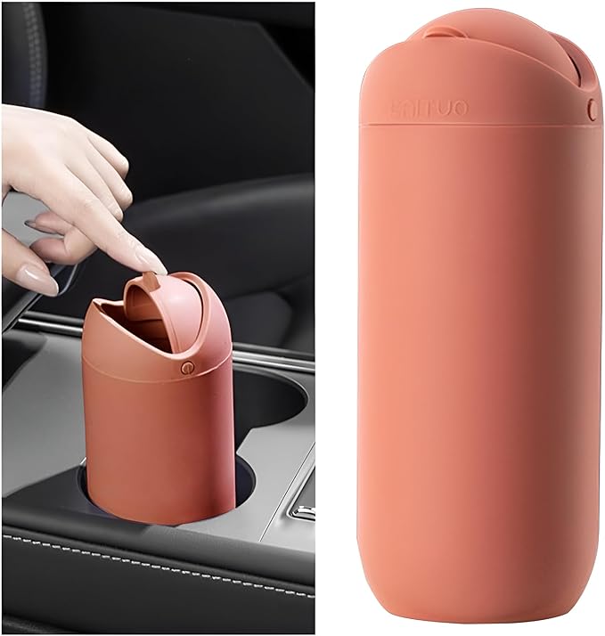 Car Trash Can with Lid, Silicone Leakproof Mini Round Vehicle Garbage Bin for Cup Holder, Portable Automotive Interior Waste Storage & Organizers Accessories, Universal Fit (Orange)