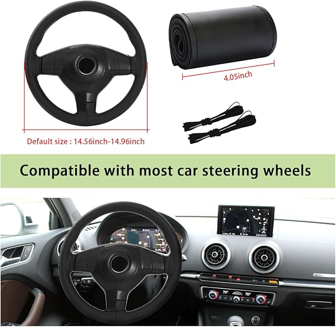 Kewucn Genuine Leather Steering Wheel Cover, 15" Universal Car Steering Wheel Protector with Needle Thread, Breathable Anti-Slip Steering Wheel Cover DIY Stitch on Wrap (Black, Glossy)