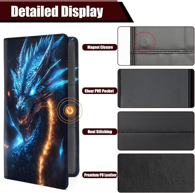 Car Document Holder with Magnetic Shut, Car Registration and Insurance Card Holder, Vehicle Glove Box Organizer Documents, Driver License, Auto Paperwork Organizer Wallet, Blue Dragon Breathing Fire
