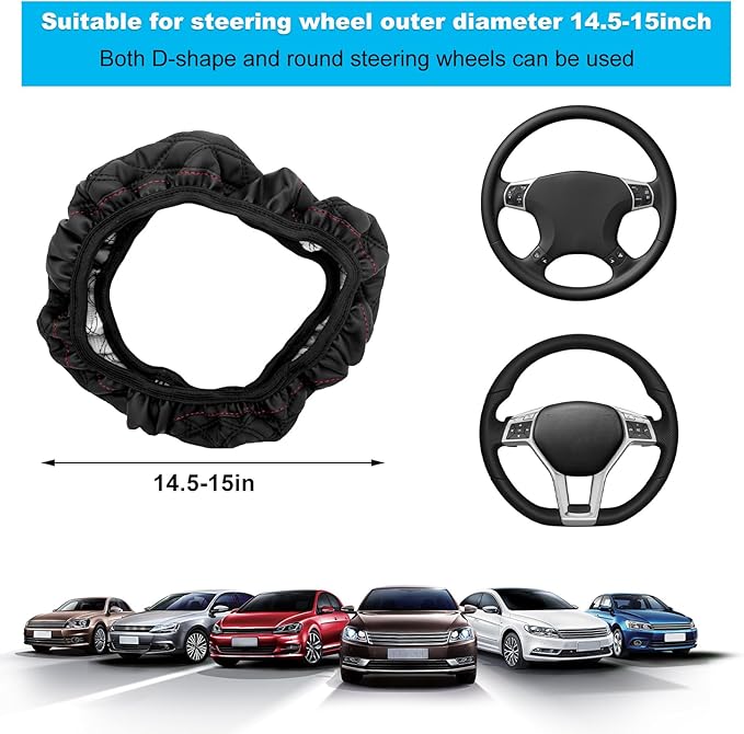 Car Steering Wheel Cover, 15 Inches Non-Slip Leather Car Steering Wheel Protector, Universal Steering Wheel Soft Cover Mats for Car Truck SUV, Interior Car Accessories (Black)