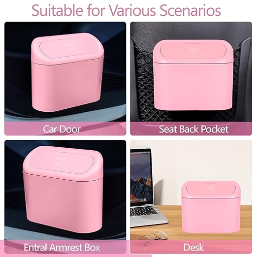 NBTEPEM Pink Car Trash Can with Lid, Mini Auto Garbage Can with 30 Trash Bags, Leakproof Automotive Garbage Container Bin, Multipurpose Organizers and Storage for Car, Home, Office (Pink)