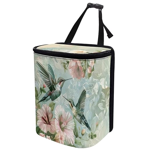 Flower Hummingbird Pattern Automotive Garbage Can Bin with Lid,Washable Car Trash Can for Travel，Cars，Universal Fit Hippie Car Accessory Interior Set