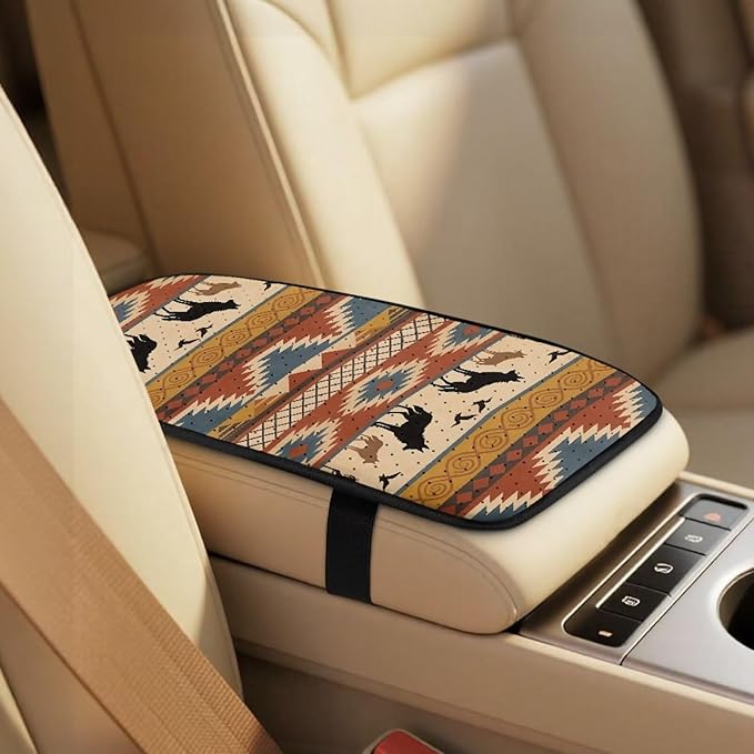 FUSURIRE Aztec Wolf Print Car Interior Accessory Set of 5,PU Front Seat Covers, Seat Belt Covers & Center Armrest Pad,Universal for Car, SUVs,Van,Small Trucks