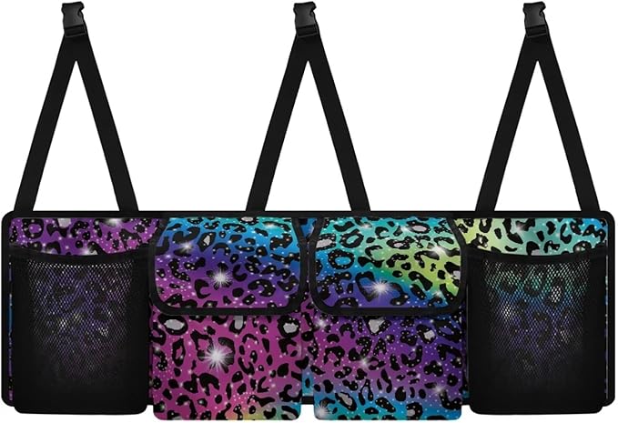 Car Trunk Organizer, Universal Car Organizers and Storage Backseat Car Organizer for SUV/Truck/MPV, Reusable Space-Saving Hanging Car Organization with 4 Pocekts, Colorful Leopard Print