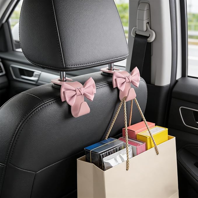 2PCS Cute Bow Car Seat Headrest Hook, Multifunctional Backseat Storage Hanger for Purse Handbag Coat, Automotive Seat Back Bag Holder Organizer, Universal for SUV RV Truck (Pink)