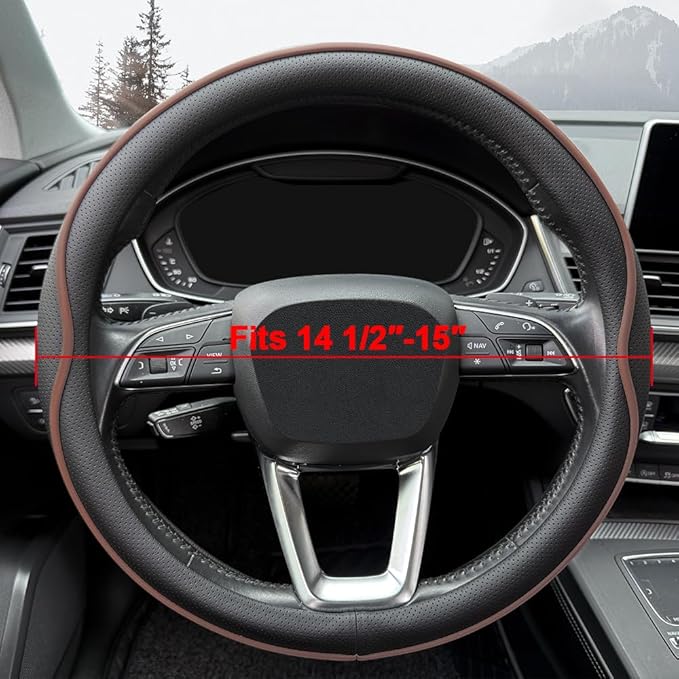 HAOTULE Leather Steering Wheel Cover， with Anti-Slip Stripe Design - Enhanced Grip, Fashion Style, Safe, Non-Slip, Breathable. Upgrade car Interior，Black Brown