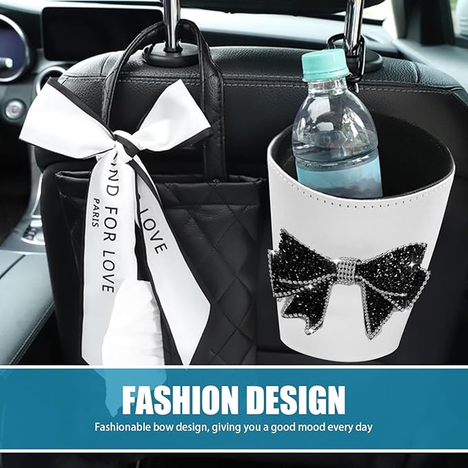 Trash Can for Car Garbage, Hanging with Black Large Diamond Bow Garbage, Waterproof Lined Car Utility Decoration, Suitable for Sedans, SUVs, MPVs & Trucks