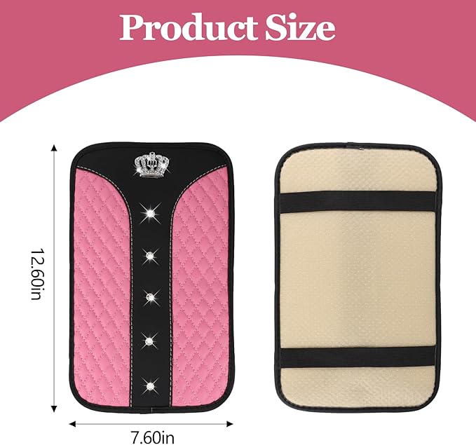 Bling Crown Car Center Console Cover, 12.7"×7.7" Armrest Cover for Cars, Waterproof Leather Arm Rest Box Pad Cushion, Universal Middle Console Cover Protector, Car Accessories (Pink)