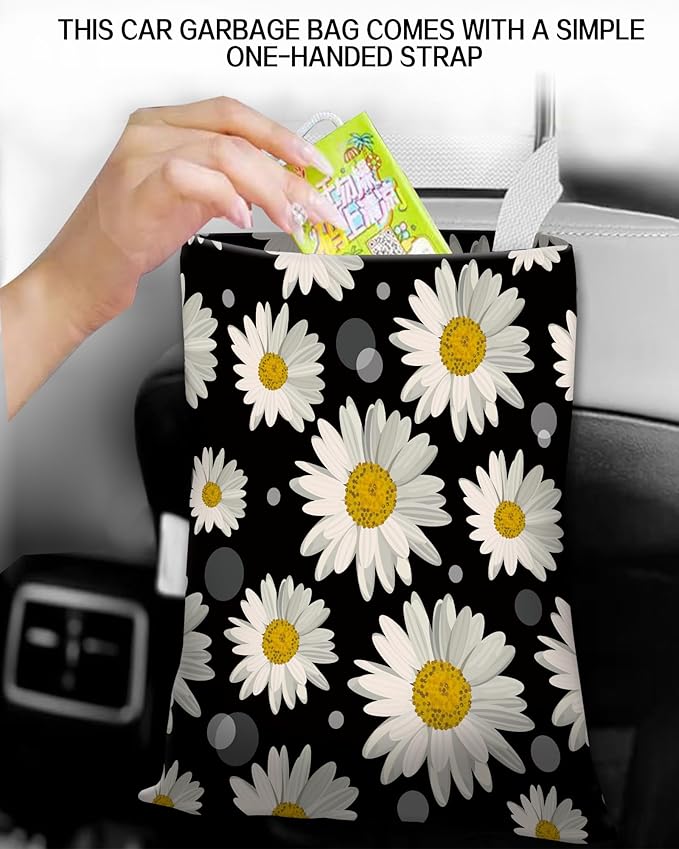 ANKVRP Car Garbage Can, Hanging Car Trash Can Bag for Back Seat Organizer, White Daisy