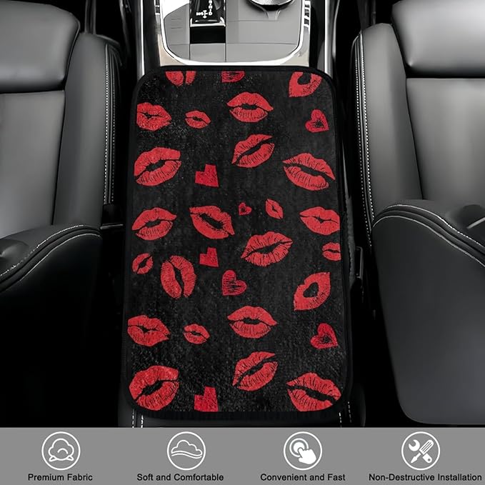 CLOHOMIN Red Kiss Lips Car Center Console Cover Fashion Car Arm Rest Cushion Flannel Auto Console Covers Fluffy Armrest Cover Auto Accessories for Most SUV Van Truck