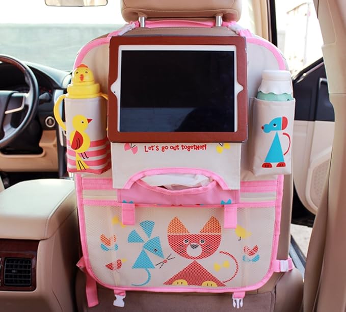 Cute Cartoon Car Backseat Organizer Car Back Seat Storage Bag for Kids-iPad Tablet Holder (Mouse and Cat)