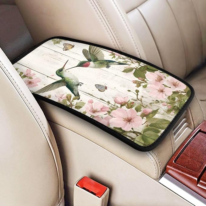 Hummingbird Center Console Cover Pad, Flower Butterfly Car Armrest Seat Box Cover Cushion Universal for Most Vehicle SUV Truck, Car Interior Accessories Decor, Protect from Pet Claws & Dirt