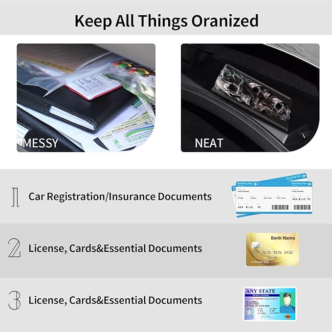 Mxfdegf Car Registration and Insurance Holder, Leather Car Glove Box Organizer, Cool Car Accessories for ID, Driver's License Cards & Essential Document,business cards,Men&Women,Skull/Black