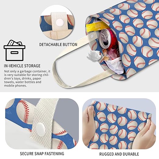 AXZOPDE Cute Car Trash Can, Hanging Canvas Car Back Seat Organizer and Storage Bag, Funny Car Trash Bag For Travelling, Outdoor Cute Blue Baseball