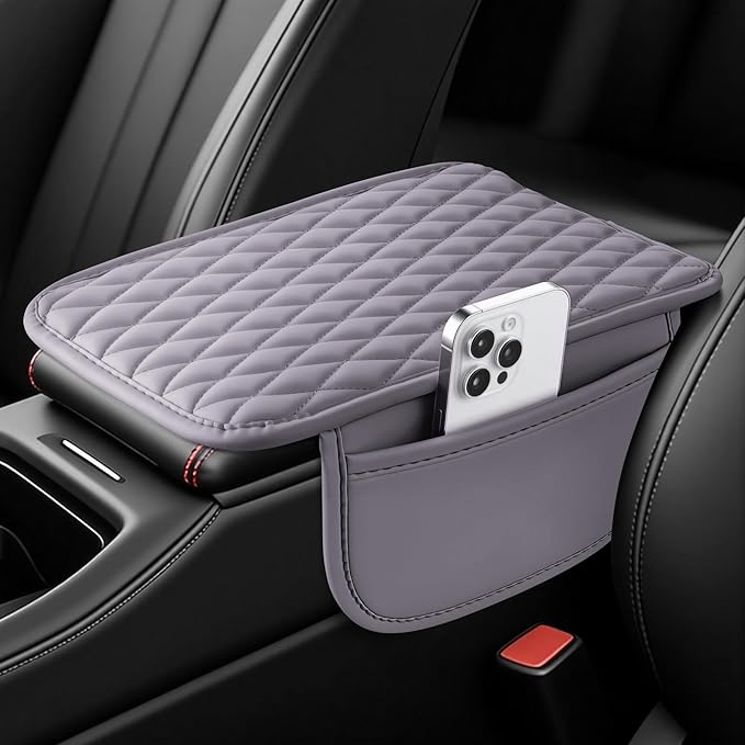 Amiss Car Center Console Cover, Upgraded Leather Car Armrest Cushion with 2 Storage Pockets, Universal Waterproof Cushion Pad, Non-Slip Car Interior Accessories, Fits Most Sedans SUVs Trucks (Purple)
