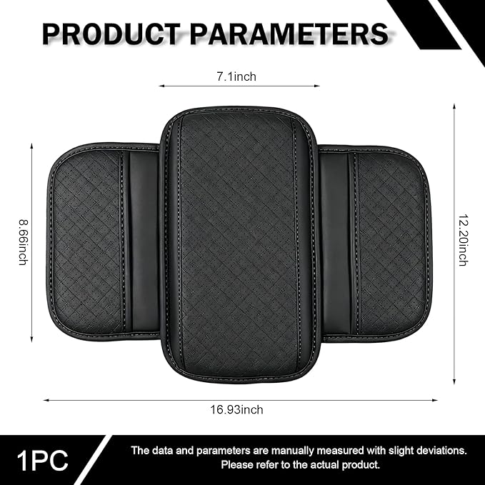 Car Center Console Cover, Perforated Leather Armrest Cushion with 2 Storage Bags, Plaid Arm Rest Box Pad, Car Armrest Storage Box Interior Accessories for Most Vehicles (Black)
