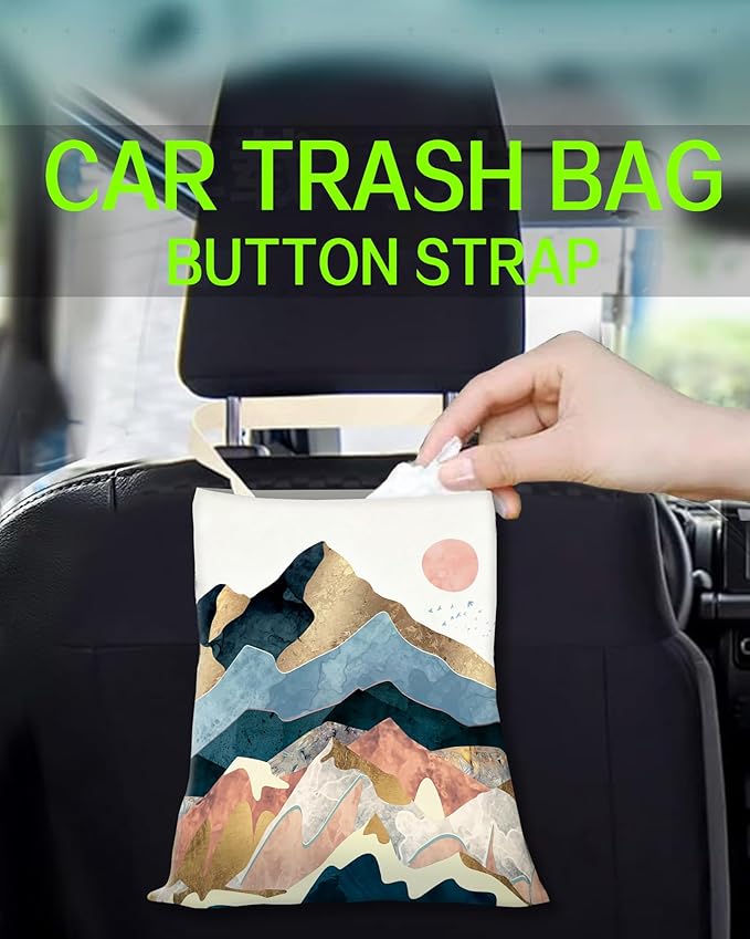 ANKVRP Hanging Car Trash Can Bag - Organizer for Back Seat, Boho Mountain Style, Ideal for Traveling, Camping & Vehicle Accessories