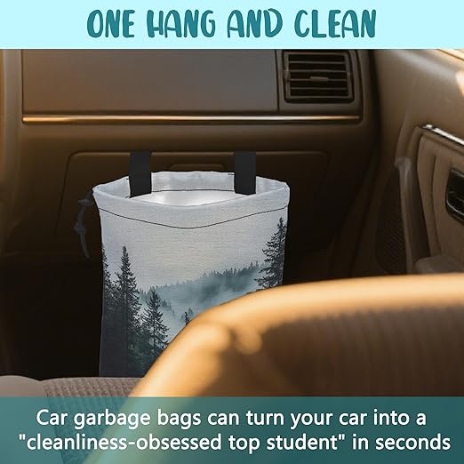 KXWQTRDD Car Garbage Bag Dark Green Misty Forest Hanging Canvas Car Trash Bag Drawstring Car Back Seat Organizer for Car Back Front Seat Console with Adjustable Buckle