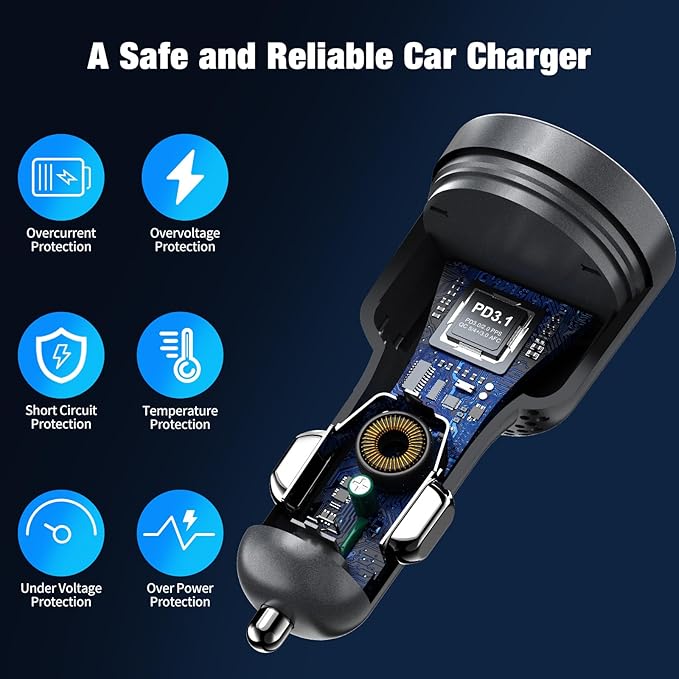 140W USB C Car Charger, Super Fast Charging for iPhone 17 Pro Max/16/MacBook Pro/Air/Samsung S25, Drone, Laptop, Starlink Mini, PD3.1&PPS 45W Type C Cigarette Lighter Adapter with a 100W E-Mark Cord