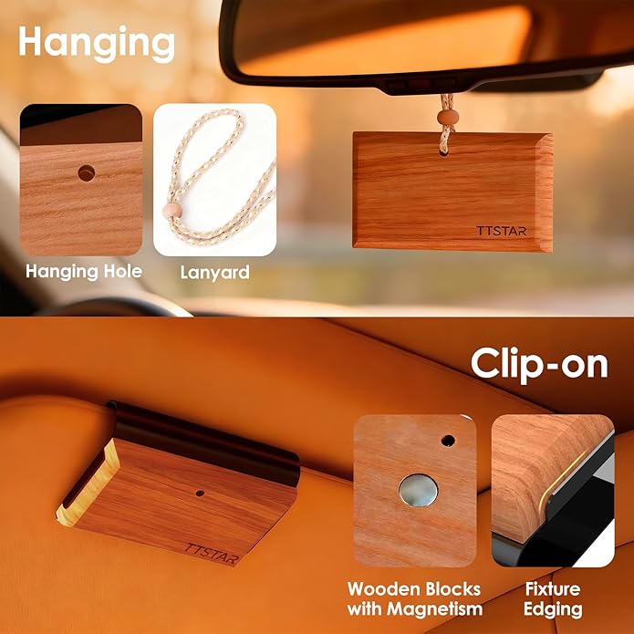 ttstar Car Air Freshener Long Lasting 3 Pack Wood Air Fresheners Refill for Men Women New Car Smell Scent Accessories Odor Eliminator Cleaner with Metal Clip for Vehicle Visor(Teak, Amber& Grove)