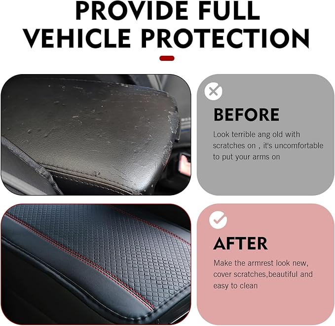 Hugwits Car Center Console Armrest Pad, 7.48" x 12.6" Leather Waterproof Armrest Box Mat with Straps, Wear-Resistant Car Center Console Seat Box Cover, Universal for Most Cars (Red Stitching)