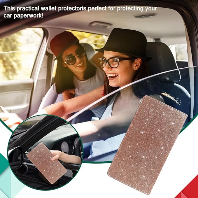 Vehicle Glove Box Car Organizer, Car Registration and Insurance Holder, Insurance Card Holder for Cars, Car Registration and Insurance Card Holder Interior Accessories for Women(Glitter-Rose)