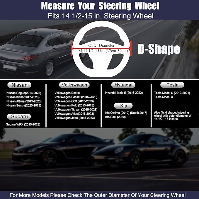 Mihecor D Shaped Steering Wheel Cover, Flat Bottom Car Wheel Cover 14 1/2-15 inch (37-39 cm), Breathable Microfiber Leather, Black