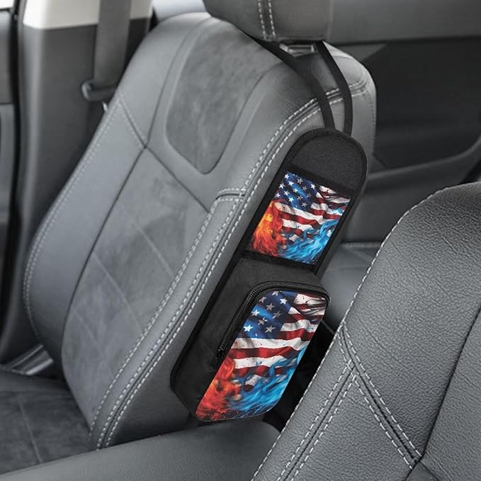 American Flag Auto Seat Side Storage Bag Organizer Fire Flame Car Seat Storage Bag with Zipper Patriotic Car Interior Accessories for Women Men