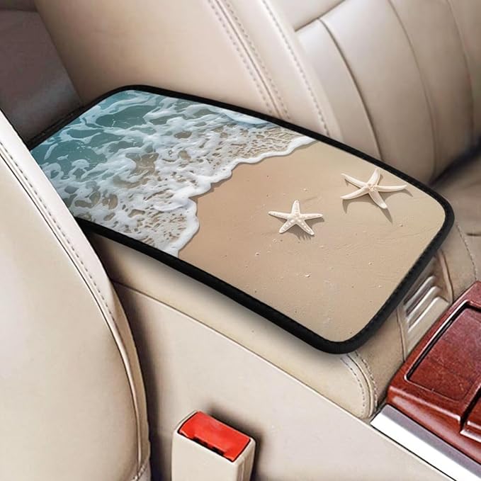 Car Center Console Cover Beach Starfish Print Armrest Cover Cushion Ocean Theme Scratch Resistant Car Center Console Cushion Pad Coastal Seascape Arm Rest Cover