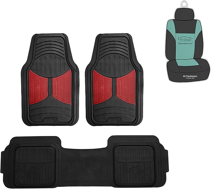 FH Group Car Floor Mats Climaproof™ Heavy - Duty Rubber Floor Mats for Sedan, SUV and Truck Floor Mats, Universal Fit Floor Mats Trimmable Full Burgundy Set, Combo Small Car Seat Cover Design