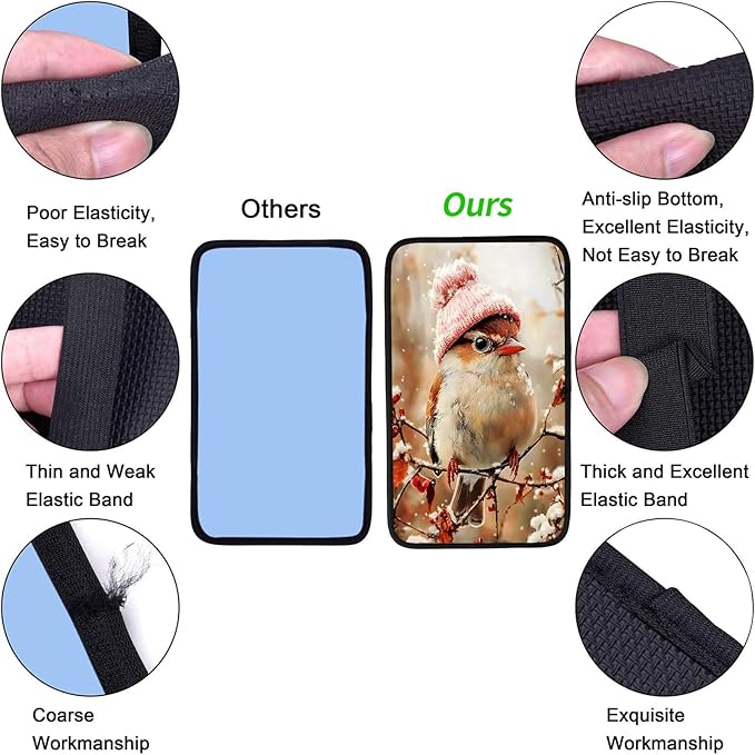 JANENFNA Car Armrest Cover Pads Universal Fashion Cute Auto Center Console Armrest Cover Pad with 2PCS Car Coasters Soft Waterproof Car Armrest Seat Protector for Women,Bird in Pink Hat