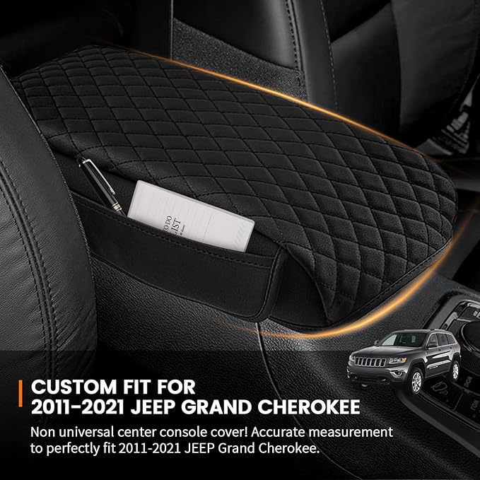 Custom Fit for Center Console Cover 2011-2021 Jeep Grand Cherokee Armrest Cover Center Console Pad Interior Accessories Car Armrest Seat Box Cover Protector with Pockets Storage Bag