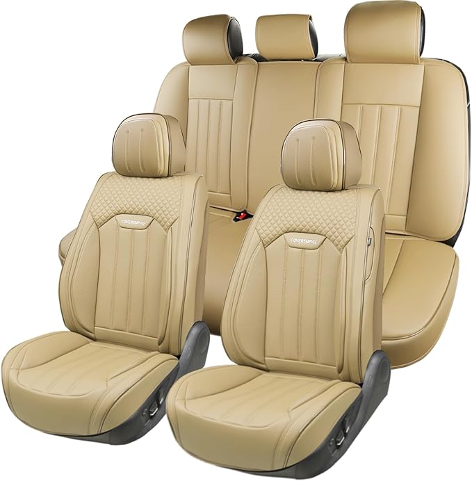 COVER EMPIRE Beige Leather Seat Covers, 5 Seats Universal Car Seat Covers Full Set, Waterproof Automotive Seat Covers Breathable Front and Rear Seat Covers for Most Sedans SUVs Trucks