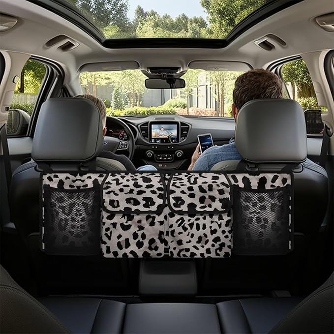 SEANATIVE Black Leopard Print Car Trunk Organizer, Hanging Trunk Organizer for SUV, Backseat Car Organizer with 4 Large Compartments, Car Accessories Interior, Space Saving Expert