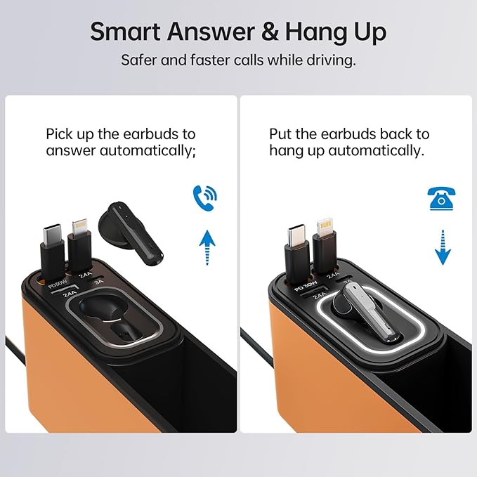 FlexTurtle Car Seat Gap Filler Organizer with 69W Retractable Car Charger & Bluetooth Earpiece for Driving Calls, Car Accessories with Trucker Headset, Fits Sedans, SUVs, Pickup Trucks & Crossovers