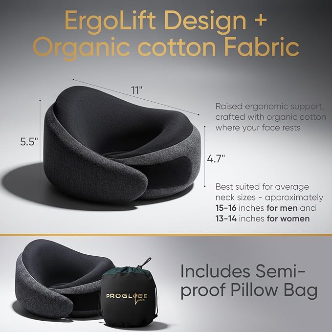 Proglobe Ash Black Memory Foam Travel Neck Pillow for Airplanes, Compact Plane Cushion for Long Flights with Soft Chin Support and Compression Bag, Comfortable Lightweight Air Travel Accessory