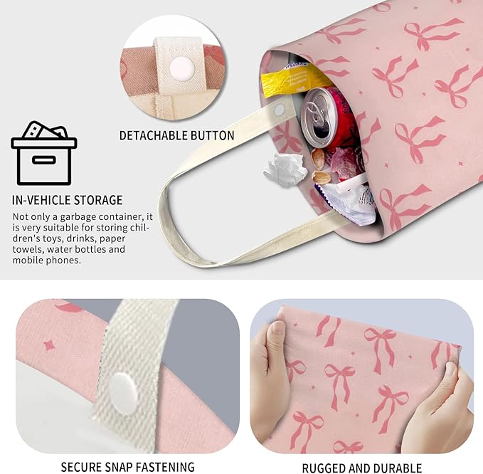 AXZOPDE Cute Car Trash Can, Hanging Canvas Car Back Seat Organizer and Storage Bag, Funny Car Trash Bag for Travelling, Outdoor Cute Pink Bow Star