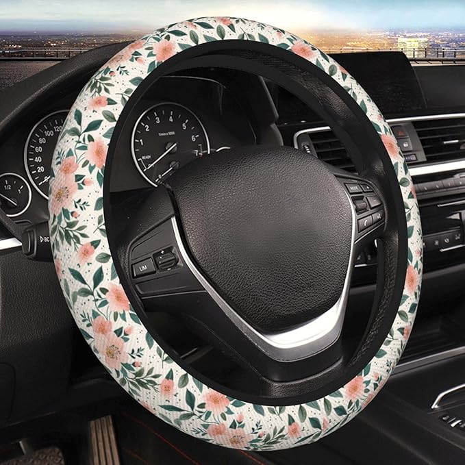 Pink Flowers Floral Steering Wheel Cover for Women Men Girls, Car Accessories Decor Thickened Anti-Slip Auto Steering Wheel Covers Protector Universal Fit 15 Inch for Cars, Truck, SUV