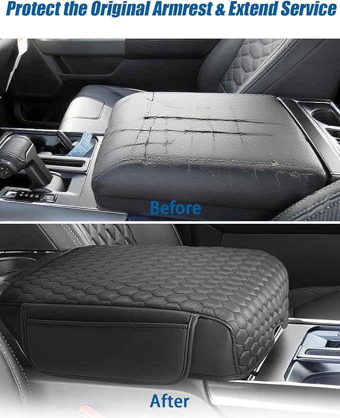Center Console Cover Nappa Leather Armrest Cover Compatible with 2021-2024 2025 2026 F150 Bucket Seat Middle Console Cover with Two Side Pockets Center Console Cushion(Bucket Seat Only)