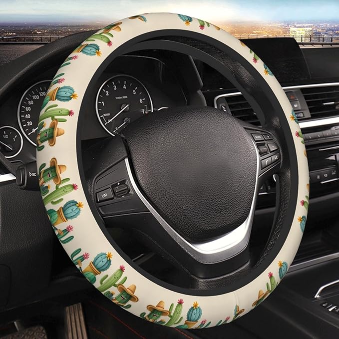 Funny Cactus Neoprene Steering Wheel Covers Women Men Car Accessories, Universal 15 Inch Fit Auto, Suvs, Truck