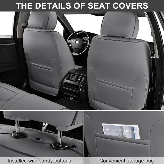 TIEHESYT Leather Car Seat Covers Full Set with Lumbar Support, Breathable and Waterproof Car Seat Cover, Universal Seat Covers for Cars, Trucks, SUVs, Sedans, Airbag Compatible, Gray