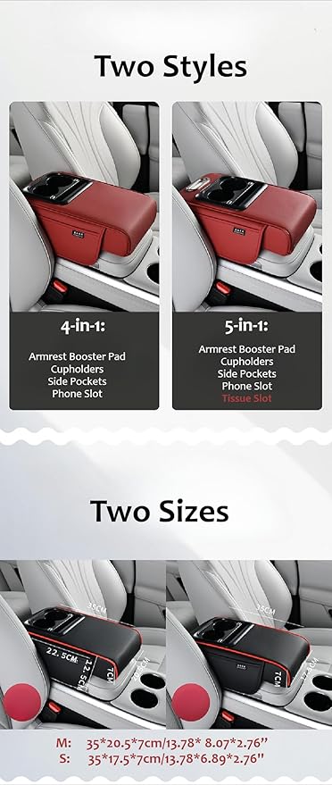 Armrest Pad for Car w/Type-C Charging Interface, Car Center Console Cup Holder, Interior Car Accessories, 2 Sizes& Styles (Upgraded Version, Red, M: 35×20.5×7cm / 13.78×8.07×2.76’’)